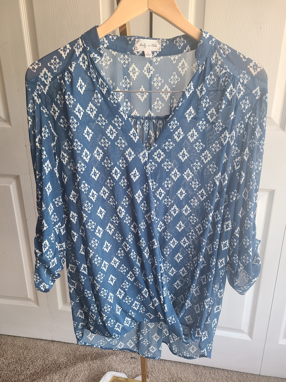 Blue Patterned V-Neck Draped Blouse